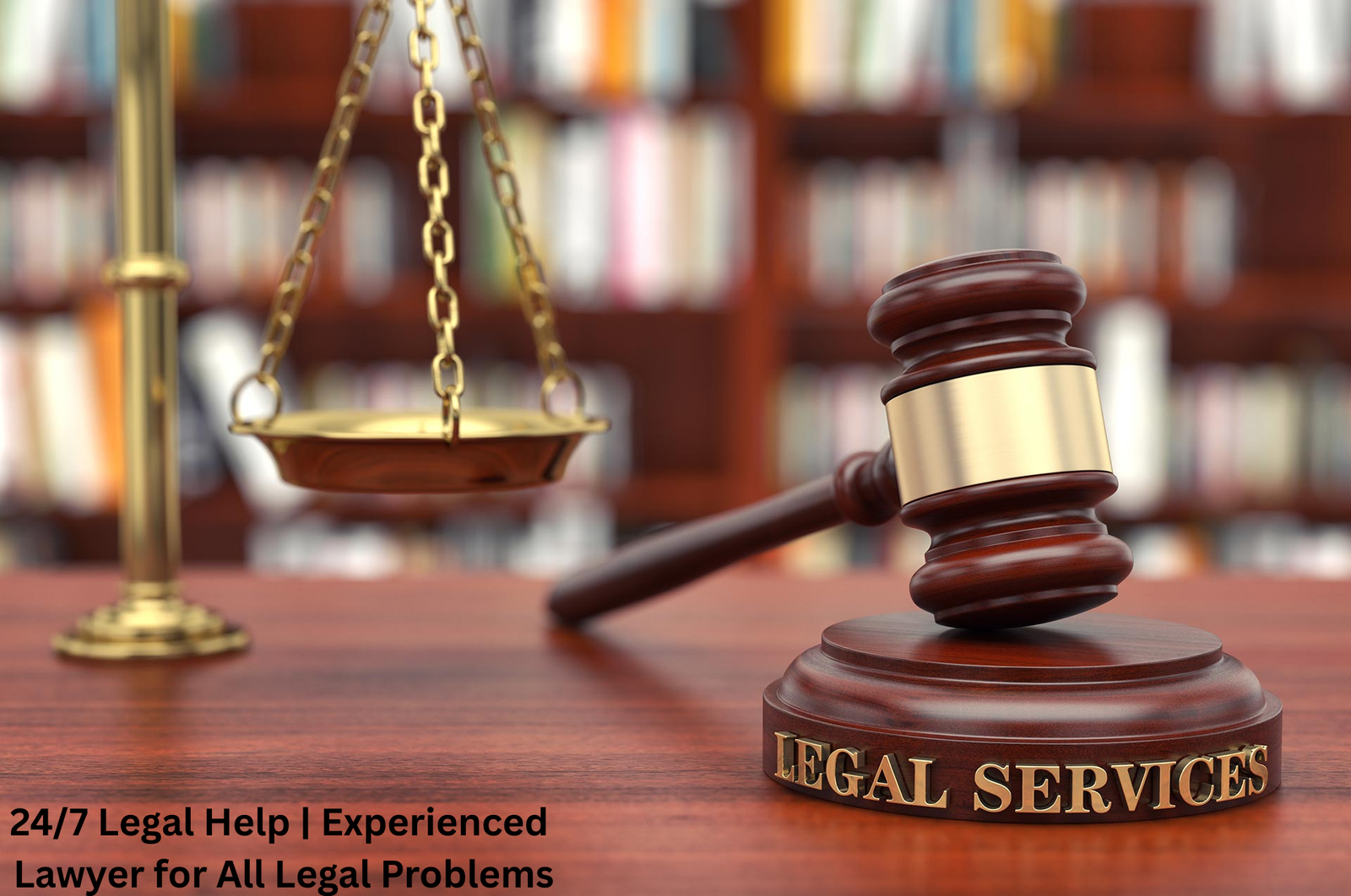 “Gavel and golden justice scale on a wooden desk inside a law library – symbol of 24/7 legal help and experienced lawyer services.”