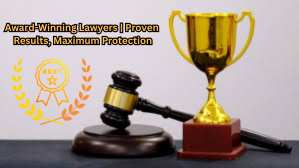 Award-winning lawyers concept with a judge’s gavel, golden trophy, and best-award emblem representing proven results and maximum legal protection.
