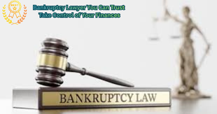 Gavel and book labeled “Bankruptcy Law” on a desk with the blurred Lady Justice statue in the background, representing reliable bankruptcy legal services.