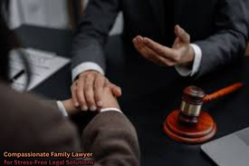 “Compassionate family lawyer comforting a client during a legal consultation for stress-free family law solutions.”