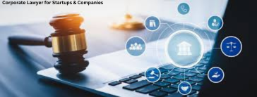 Corporate Lawyer for Startups & Companies – Legal consultation setup with a gavel, laptop, and business law icons symbolizing corporate compliance, contracts, finance, and legal strategy.