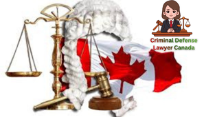 Criminal Defense Lawyer Canada concept with justice scale, judge’s gavel, barrister wig, and Canadian flag symbolizing strong legal representation.