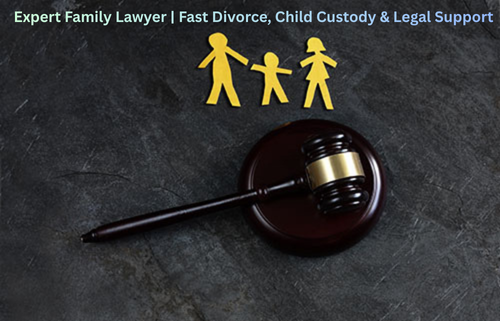 Family lawyer legal concept with wooden gavel and paper cut-out family figures on a dark background.