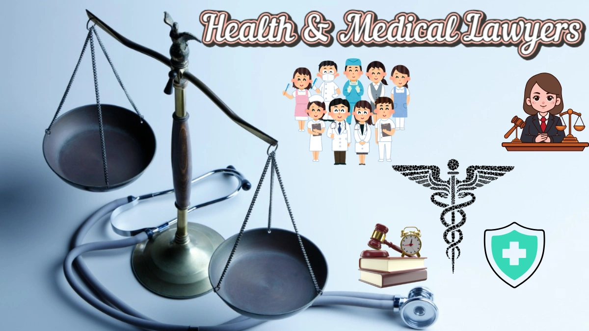 A balance scale with a stethoscope beside it, surrounded by medical-themed icons and cartoon doctors, representing health and medical lawyers who protect patient rights.