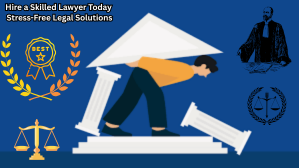 Illustration of a person struggling to hold up a collapsing courthouse pillar, surrounded by justice symbols such as scales, laurels, and a lawyer icon, representing the need for skilled legal support and stress-free legal solutions.