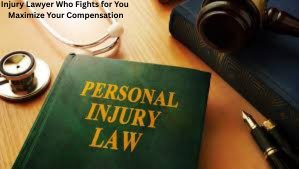 Close-up of a “Personal Injury Law” book on a desk with a gavel, stethoscope, and legal documents, symbolizing injury claims, legal support, and compensation.