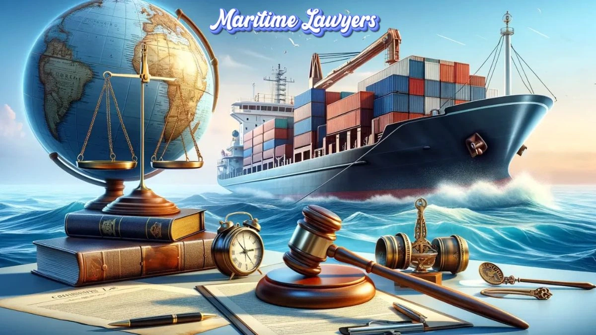 Maritime Lawyers Illustration of maritime law elements including a cargo ship at sea, legal scales, gavel, globe, law books, and documents symbolizing shipping and maritime legal services.