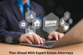 Estate planning attorney working on a laptop with estate planning icons — expert estate attorneys visual