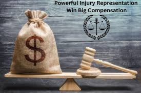 A burlap money bag with a large dollar sign sits on one side of a wooden balance scale, while a wooden judge's gavel rests on the other side, symbolizing legal justice and financial compensation, with the text “Powerful Injury Representation | Win Big Compensation” displayed above.