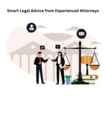 Smart Legal Advice from Experienced Attorneys illustration showing two professionals shaking hands with legal icons and scales in the background.