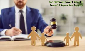 “Top divorce lawyer providing peaceful separation support with gavel, legal desk, and family figurines.”