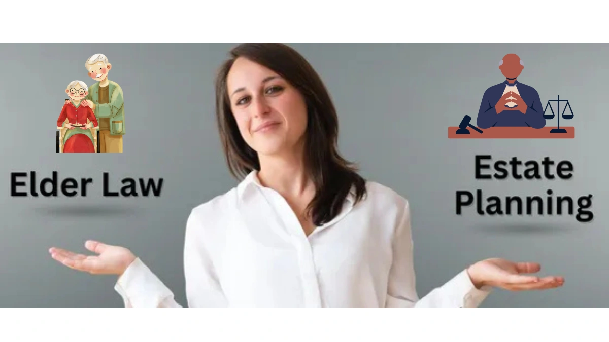 Elder Law A woman standing with her arms extended, comparing elder law and estate planning, with icons representing senior care and legal services on each side.