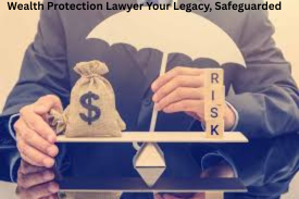 Wealth Protection Lawyer holding an umbrella over money bag symbolizing financial security and risk management