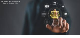 "Your Legal Shield – Professional lawyer pointing at digital justice icons representing legal protection"