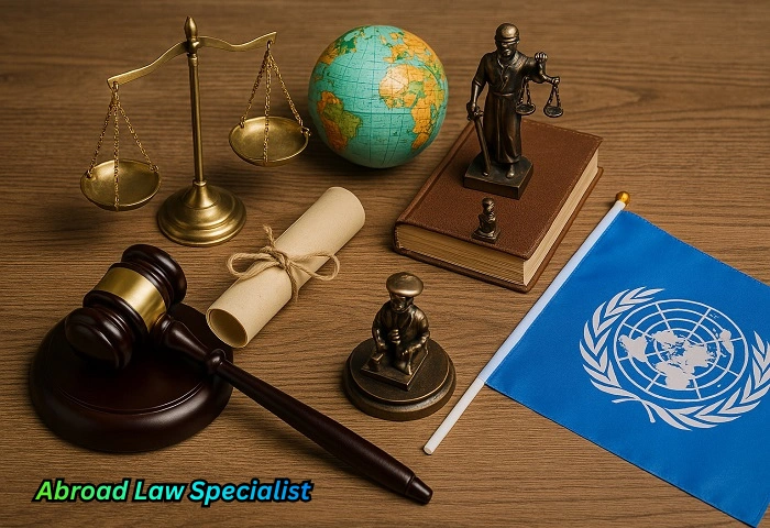 Abroad Law Specialist workspace featuring legal gavel, justice scales, global globe, international law books, and United Nations flag symbolizing worldwide legal solutions.