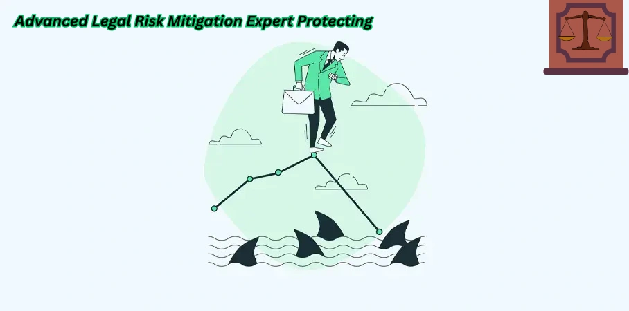 Illustration of an Advanced Legal Risk Mitigation Expert navigating risk pathways above metaphorical dangers to protect businesses.