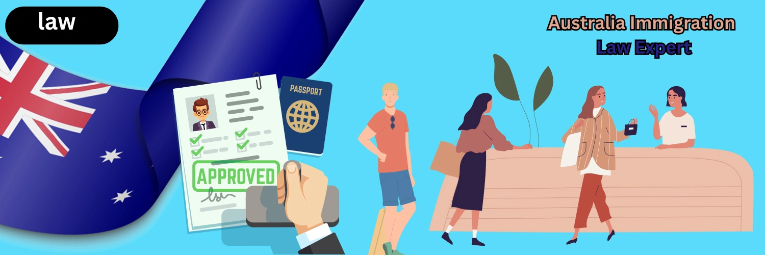 Australia immigration law expert illustration showing approved visa documents, passport, Australian flag, and people receiving legal immigration assistance.