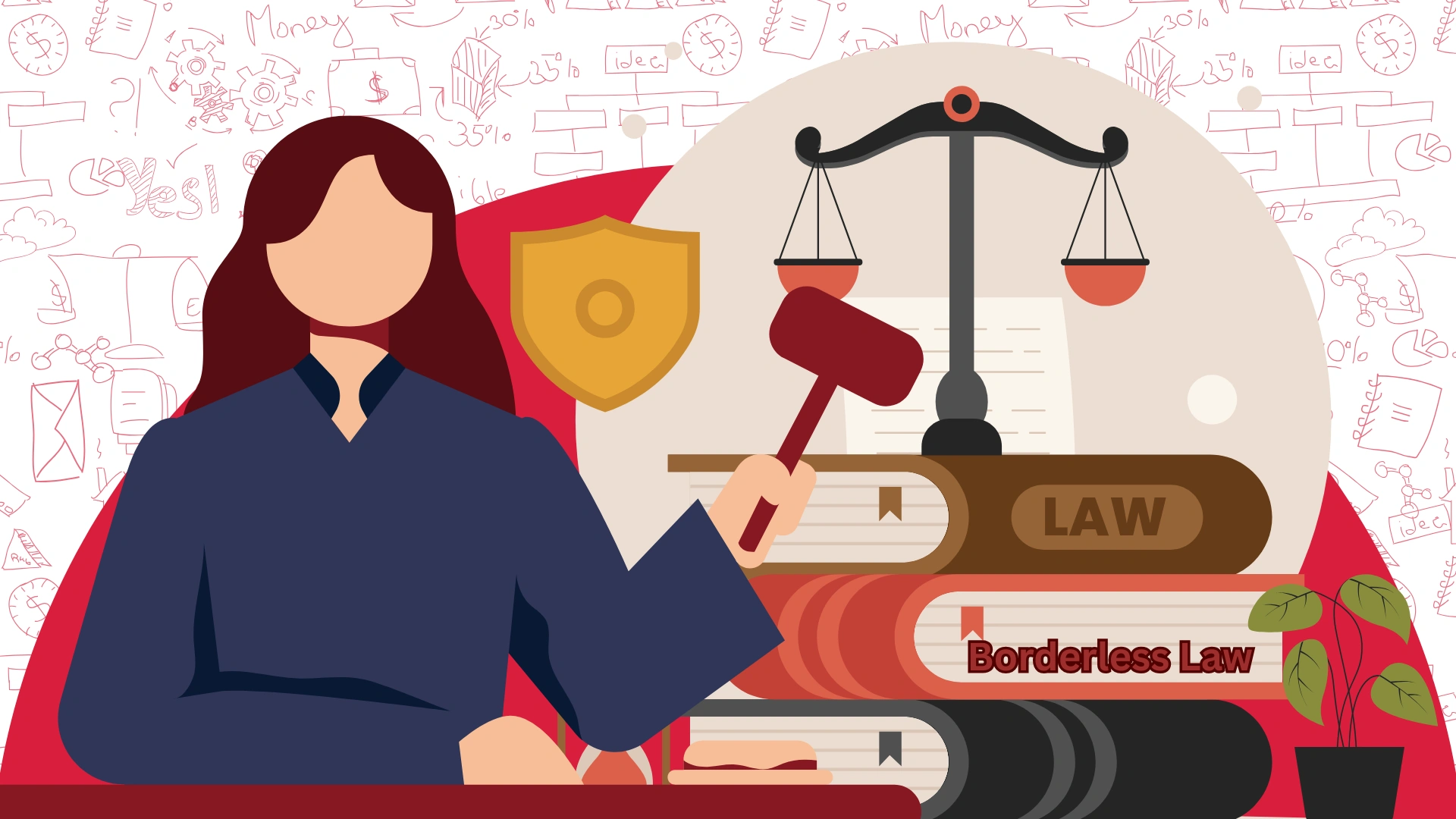 Illustration of a female legal professional holding a gavel beside law books, justice scales, and a shield symbol representing borderless law and international legal solutions.