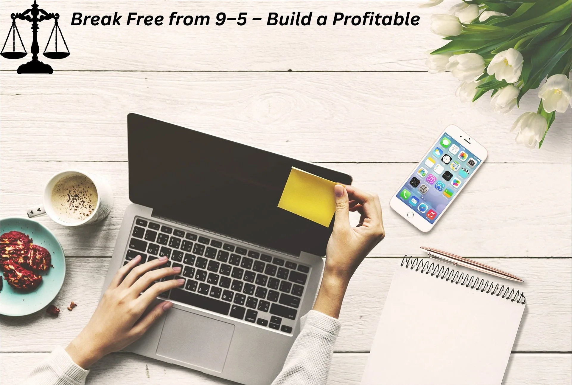 Person working independently on a laptop while sitting on the floor with a notebook, smartphone, coffee cup, and package beside them—representing freelance work and remote productivity.