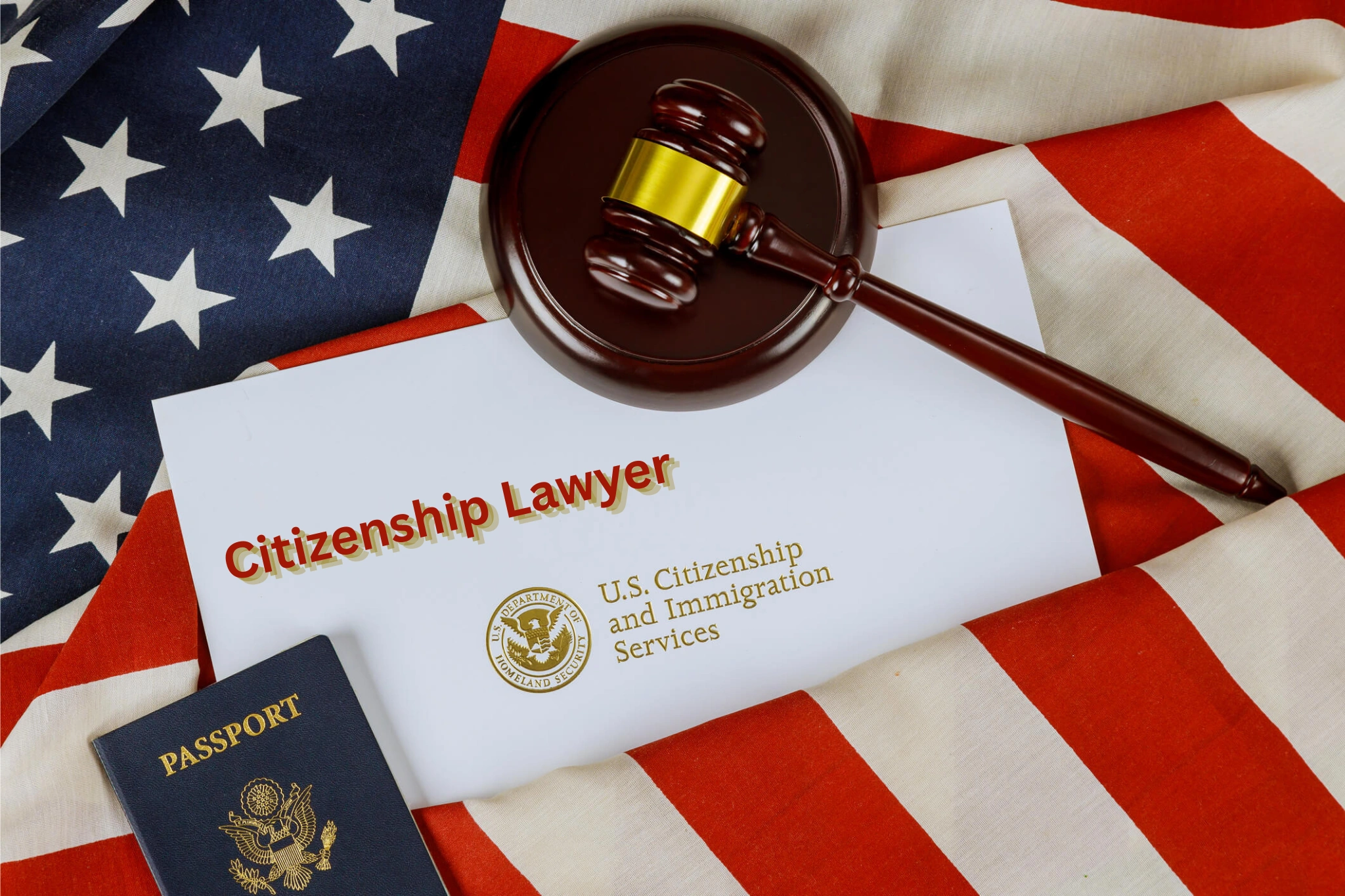 U.S. citizenship lawyer concept showing a judge’s gavel, American flag, U.S. passport, and USCIS document on a desk.