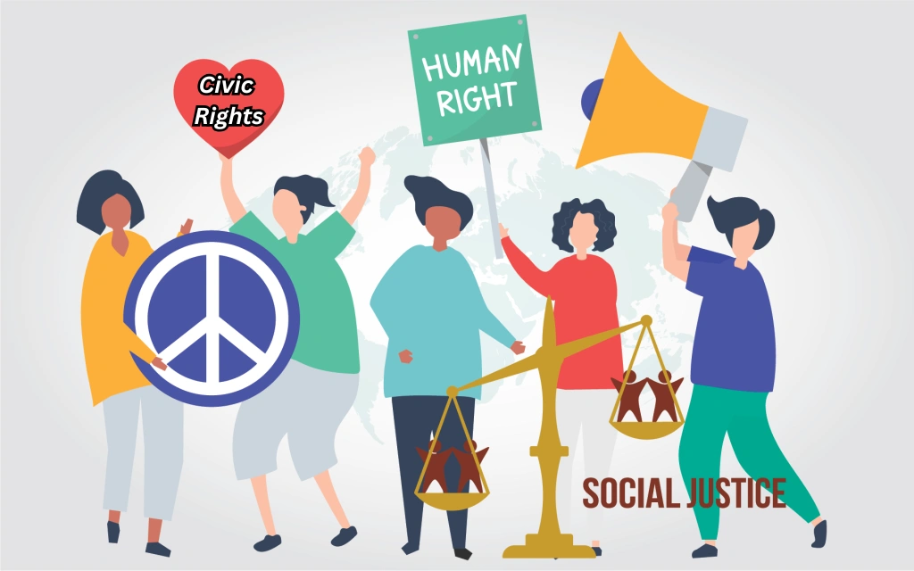 “Illustration of diverse people advocating for civic rights, human rights, peace, equality, and social justice with protest signs and balance scales.”