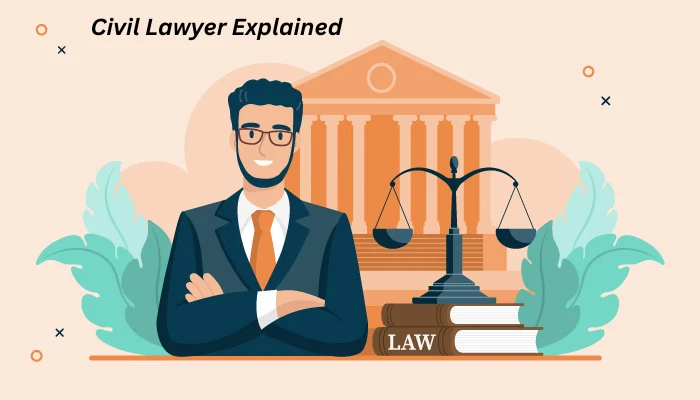 Illustration of a civil lawyer standing confidently with folded arms in front of a courthouse, with law books and justice scales beside him.