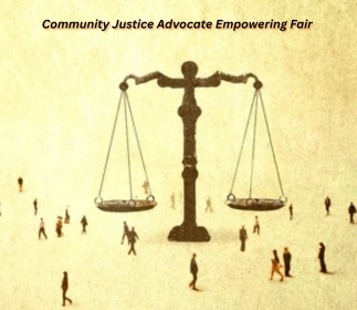 Illustration of a large justice scale standing in an open space with small scattered people walking around, symbolizing fairness, equality, and community justice.