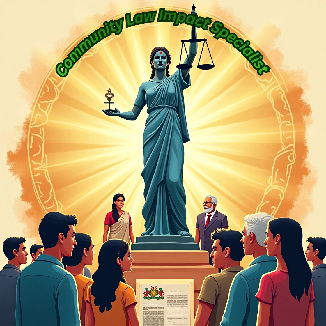 A large statue of Lady Justice stands glowing with radiant golden light behind her, surrounded by community members listening to legal professionals, symbolizing community law and access to justice. The title “Community Law Impact Specialist” appears above.