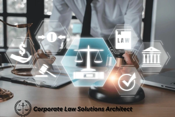 A corporate professional working at a desk with legal icons, a gavel, scales of justice, and law-related digital graphics representing corporate legal solutions.