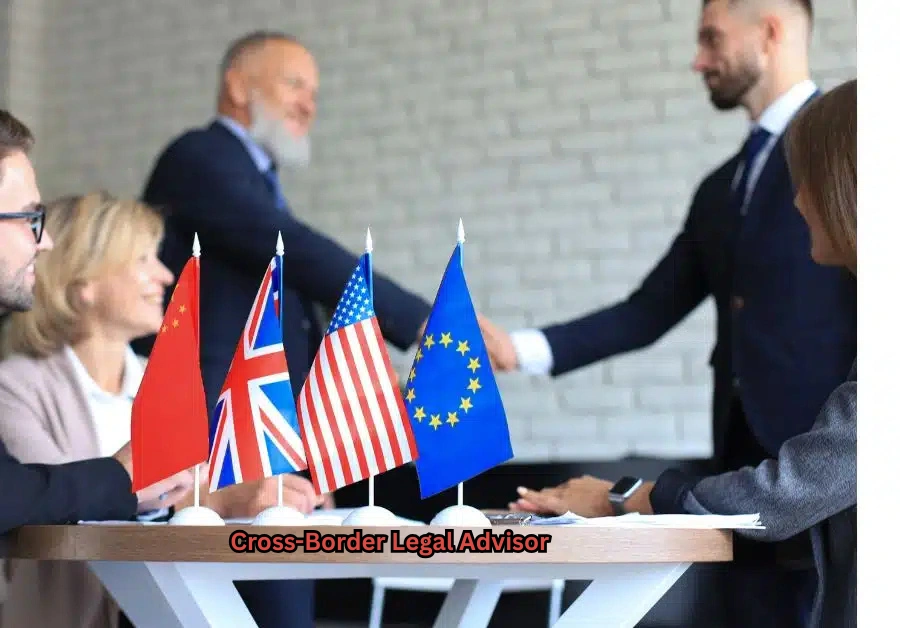 Cross-Border Legal Advisor facilitating an international business agreement, with professionals shaking hands across a table displaying flags of China, the United Kingdom, the United States, and the European Union.