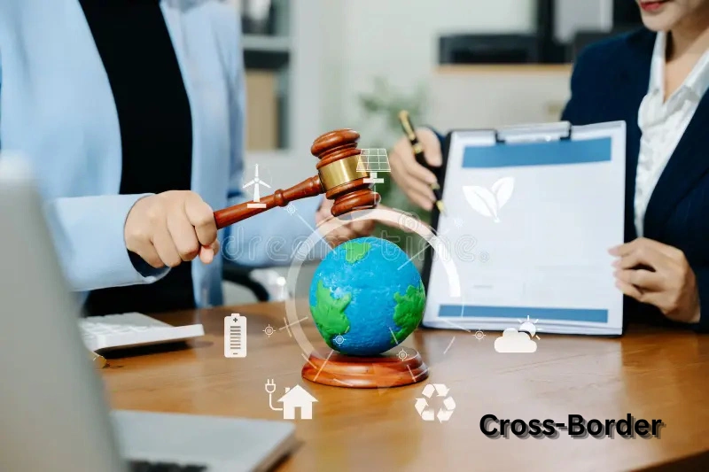 Global law consultant discussing cross-border legal matters with gavel and globe symbolizing international law and compliance