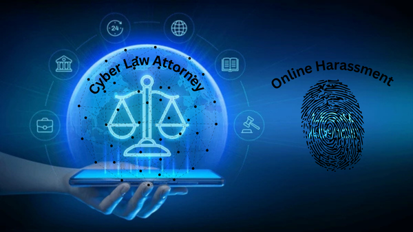 Cyber Law Attorney graphic showing digital justice scales emerging from a tablet, symbolizing legal protection against online harassment and cybercrimes.