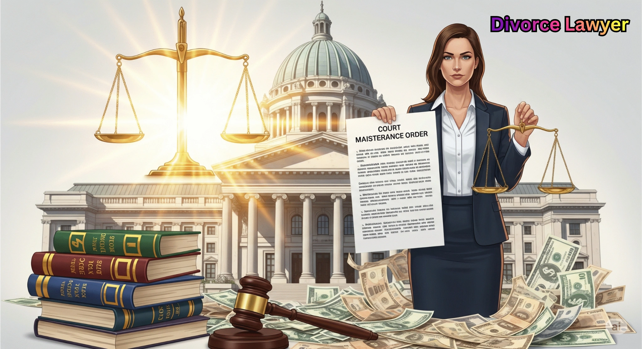 Divorce lawyer holding court order and justice scales in front of courthouse with legal books and money