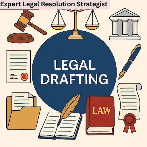 Illustration of legal drafting elements including a gavel, scales of justice, courthouse, legal documents, books, and writing tools representing the role of an Expert Legal Resolution Strategist.