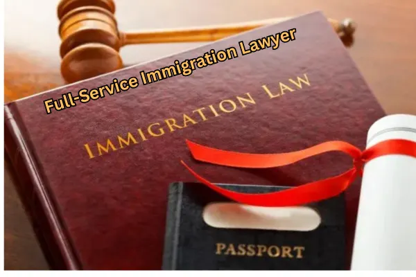 "A book titled Immigration Law placed on a desk beside a judge's gavel, a passport, and a rolled document tied with a red ribbon, representing the role of a full-service immigration lawyer."