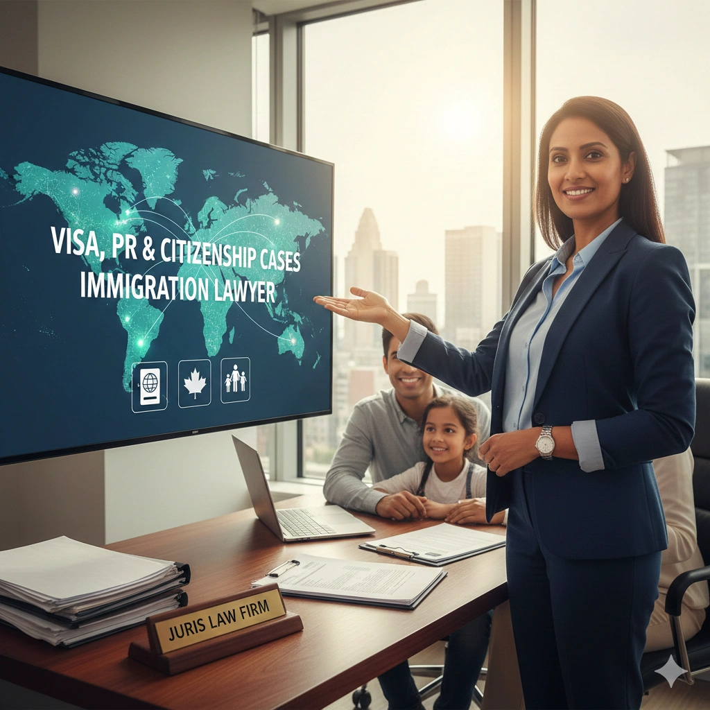 Immigration lawyer explaining visa, PR, and citizenship cases to a family in a modern law office with global map display.