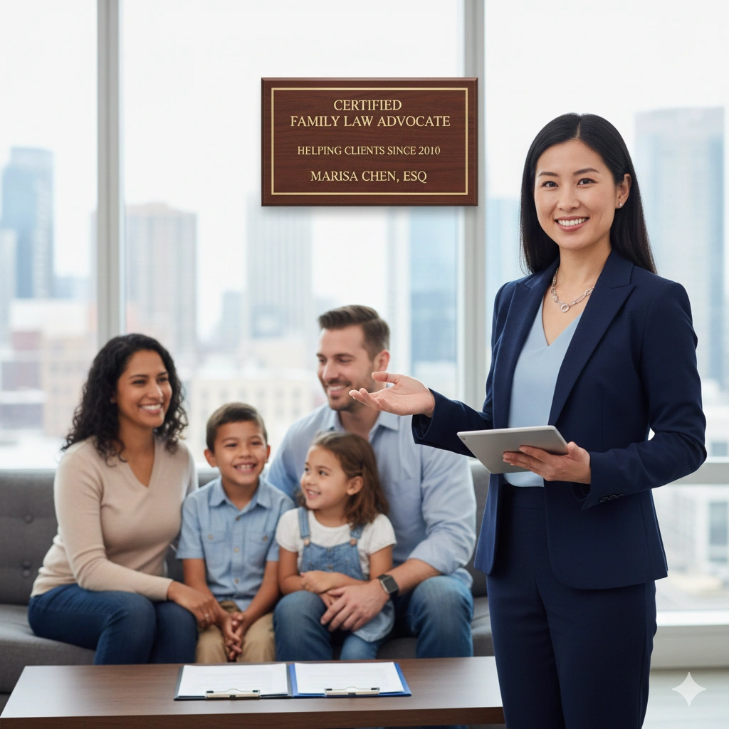 Certified family law advocate consulting a client on divorce and custody matters