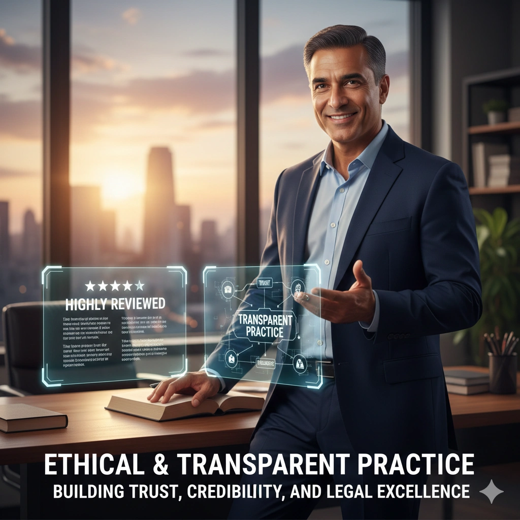 Highly reviewed lawyer known for ethical and transparent legal practice consulting clients with professionalism and integrity