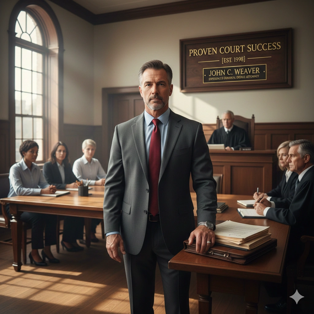 Experienced courtroom lawyer standing confidently in court during a legal proceeding