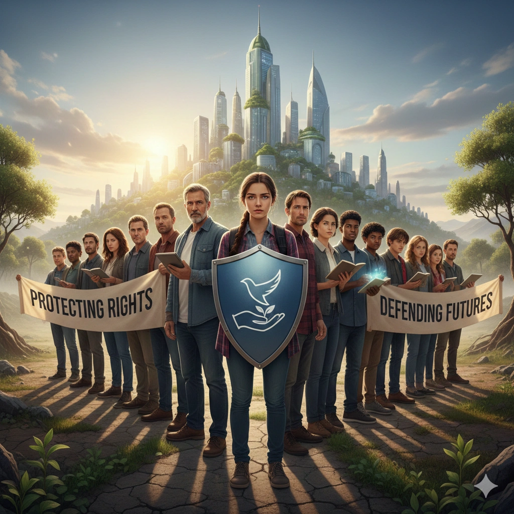 Diverse group of people standing united with a shield symbol, representing protection of rights and defense of future generations against injustice.