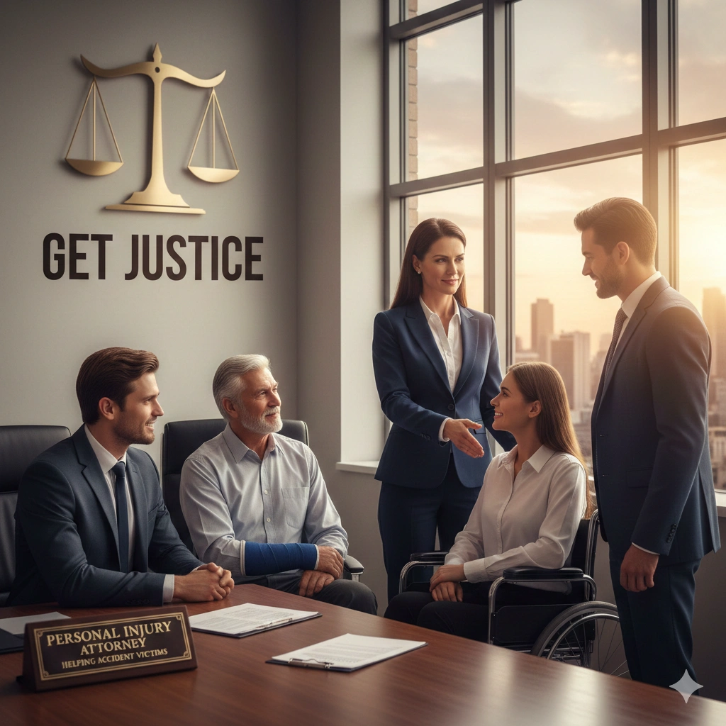 Personal injury attorney meeting with accident victims in a law office, offering legal guidance and support to help them get justice.