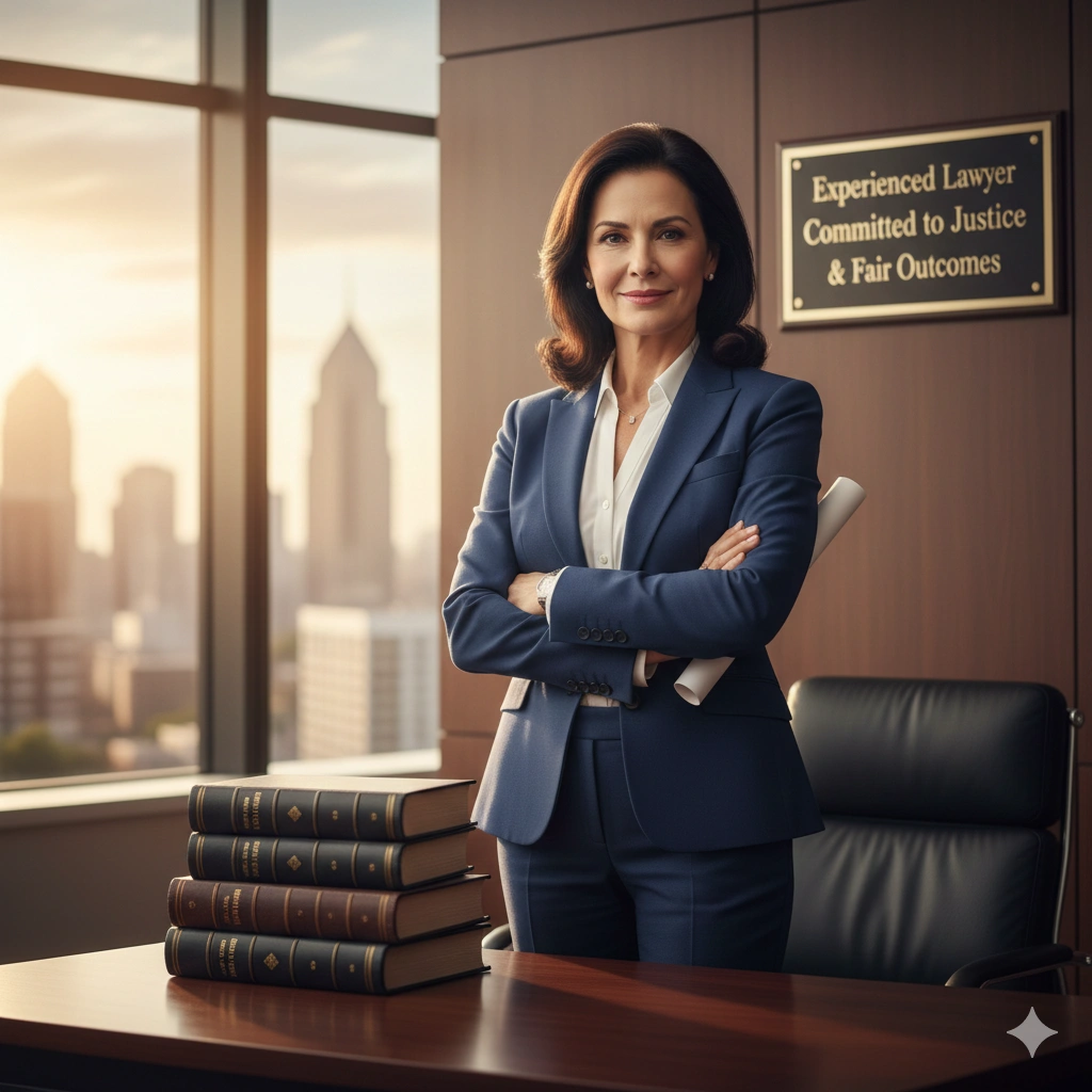 Experienced lawyer standing confidently in a modern office with law books on the desk, representing commitment to justice and fair legal outcomes.