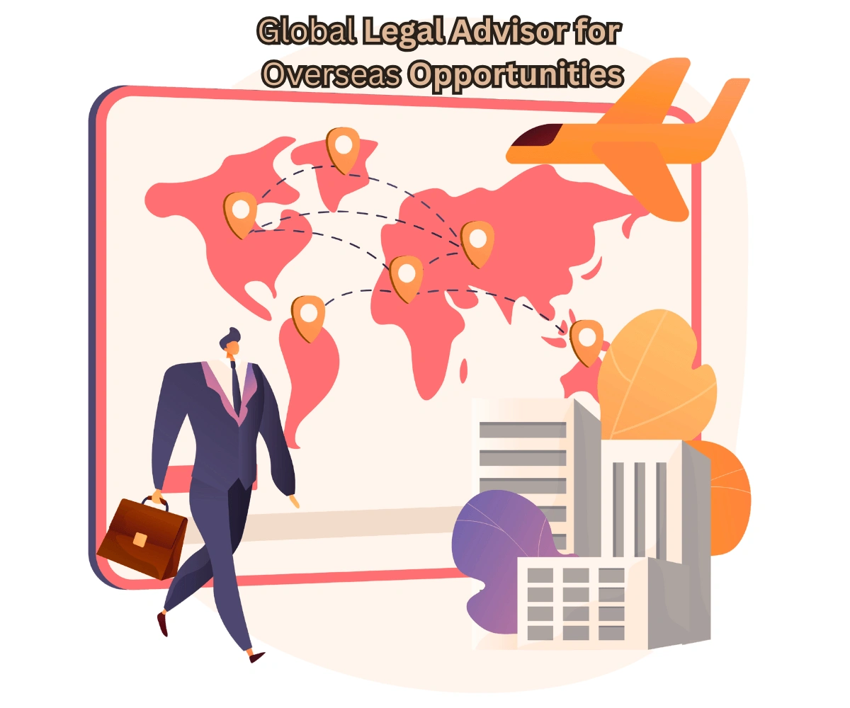 Global legal advisor illustration showing international travel routes, overseas business locations, and cross-border legal opportunities on a world map.