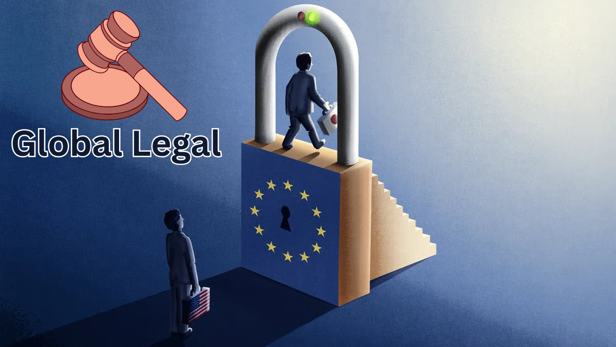 Illustration showing a legal professional passing through a secure gateway with EU stars symbolizing global legal compliance between the UK, Europe, and international jurisdictions.