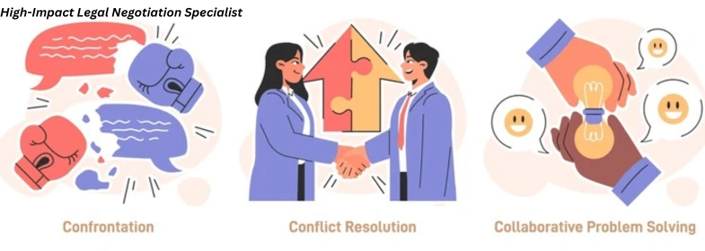 Illustration showing three concepts of legal negotiation: confrontation with boxing gloves and speech bubbles, conflict resolution with two professionals shaking hands in front of puzzle pieces, and collaborative problem solving with two hands joining lightbulb pieces together.