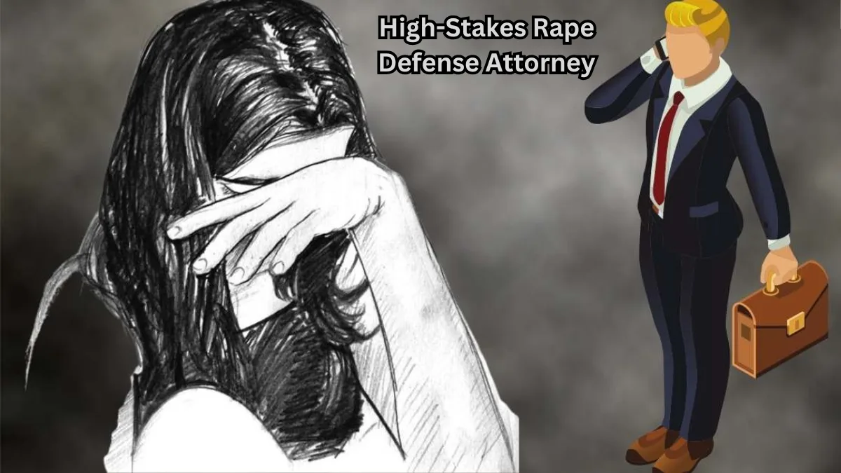 Illustration of a distressed woman covering her face alongside a professional attorney figure, labeled “High-Stakes Rape Defense Attorney,” symbolizing legal support in serious criminal cases.