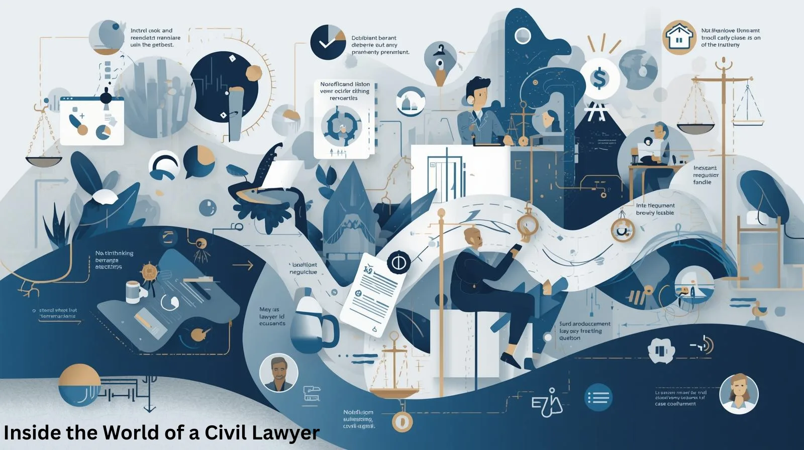 Civil lawyer reviewing case files and legal documents in an office setting.