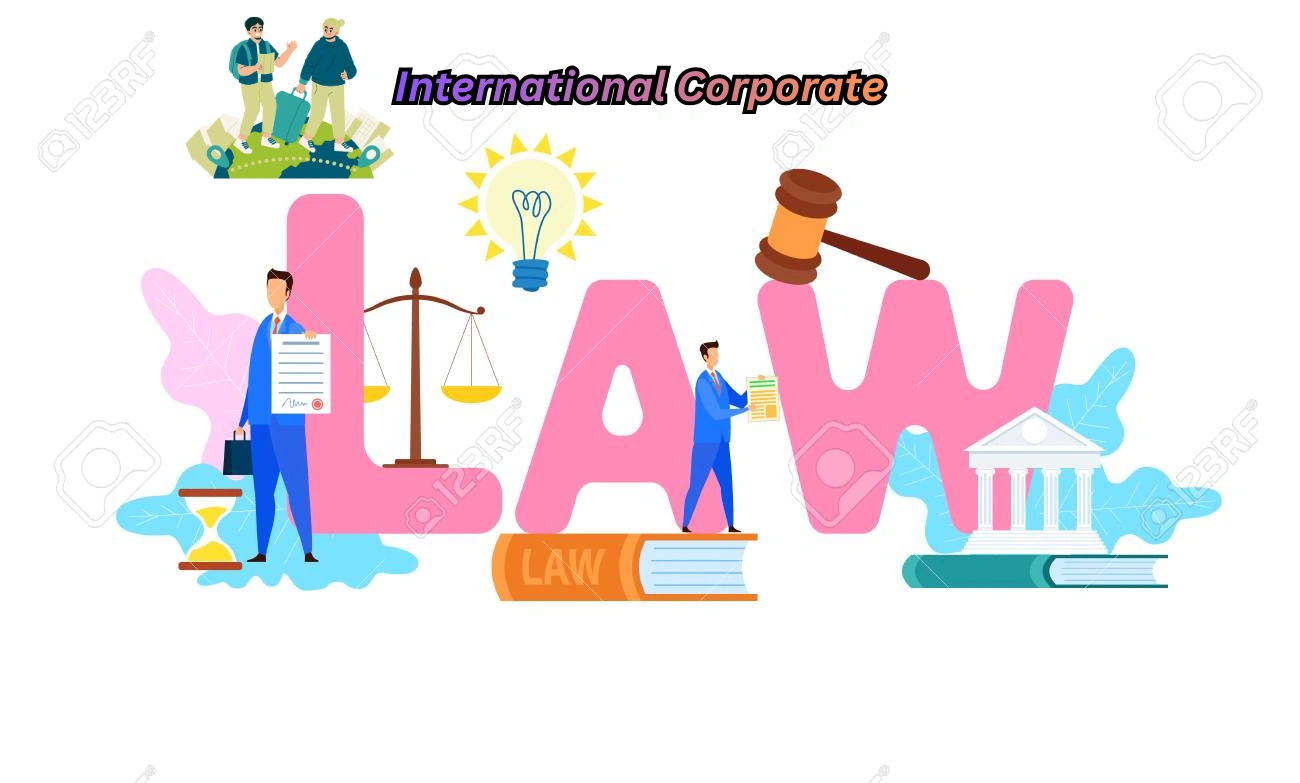 International corporate law illustration showing legal professionals, justice symbols, contracts, and global business concepts.