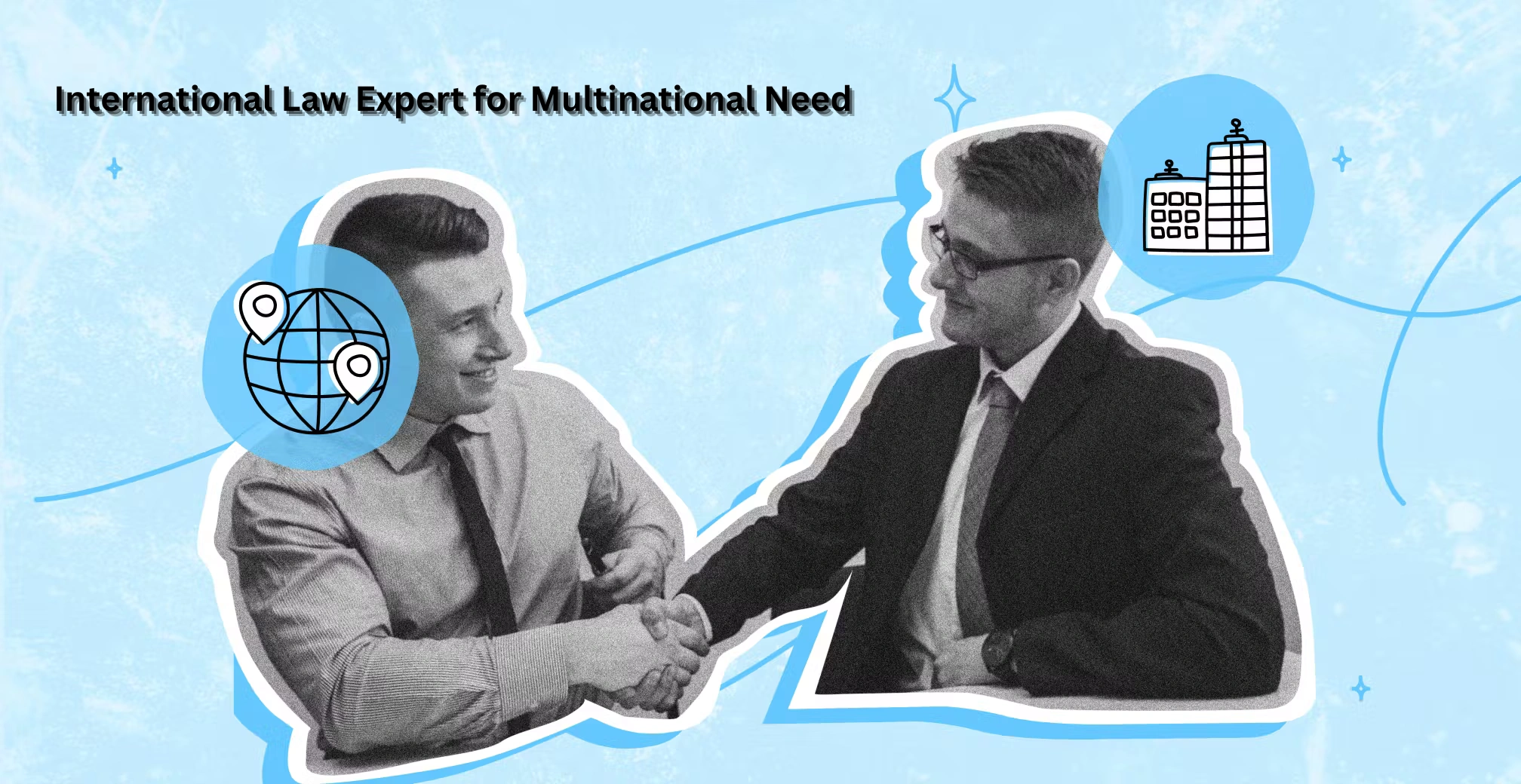 International law experts shaking hands, symbolizing multinational legal collaboration, cross-border business agreements, and global corporate compliance.