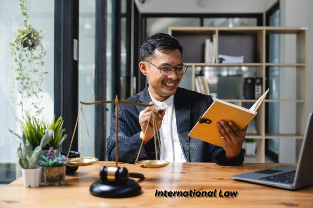 Global law advisor concept showing a balance scale over a world globe symbolizing international legal guidance and justice.